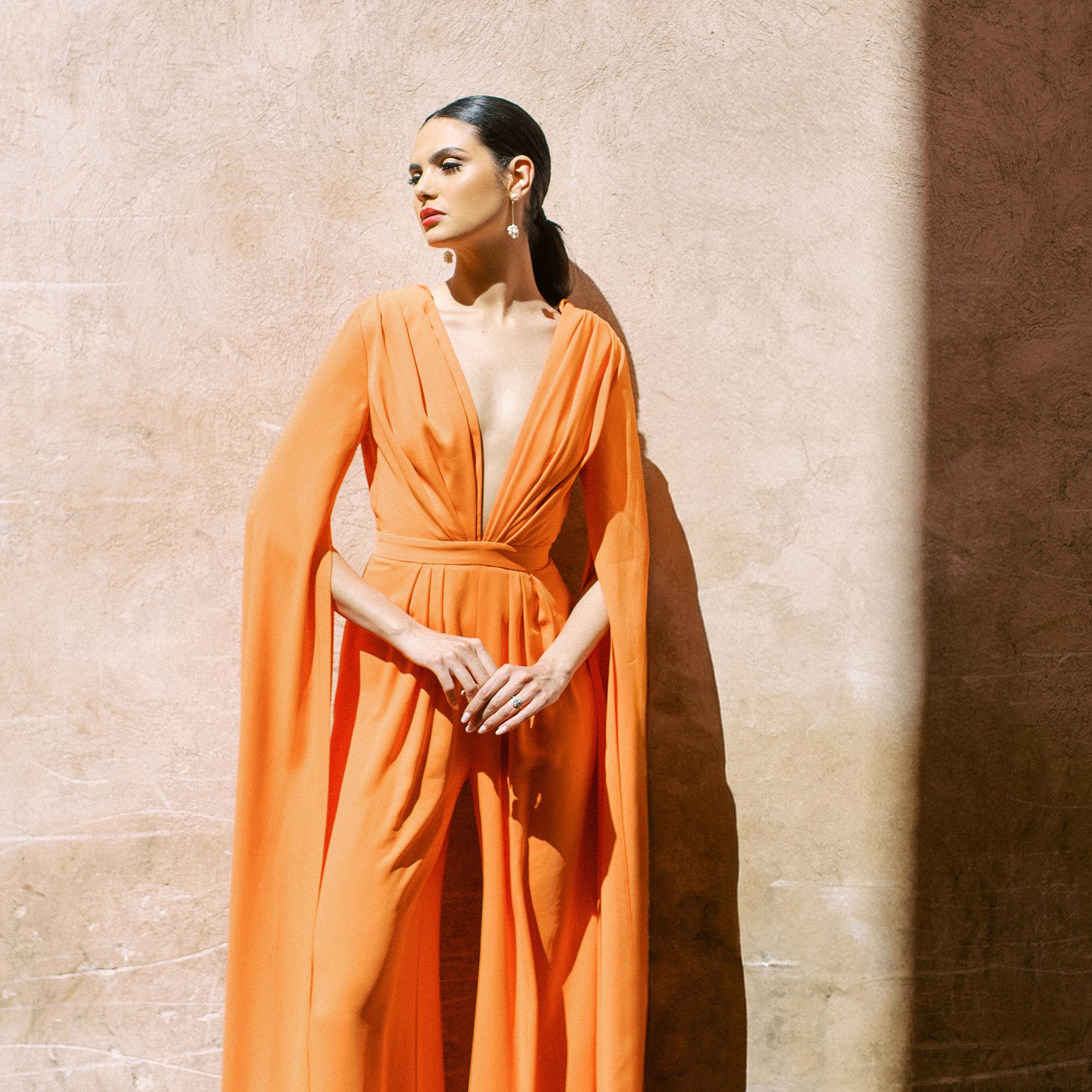 Model Fai wearing WONA Concept bridal jumpsuit in Marrakech